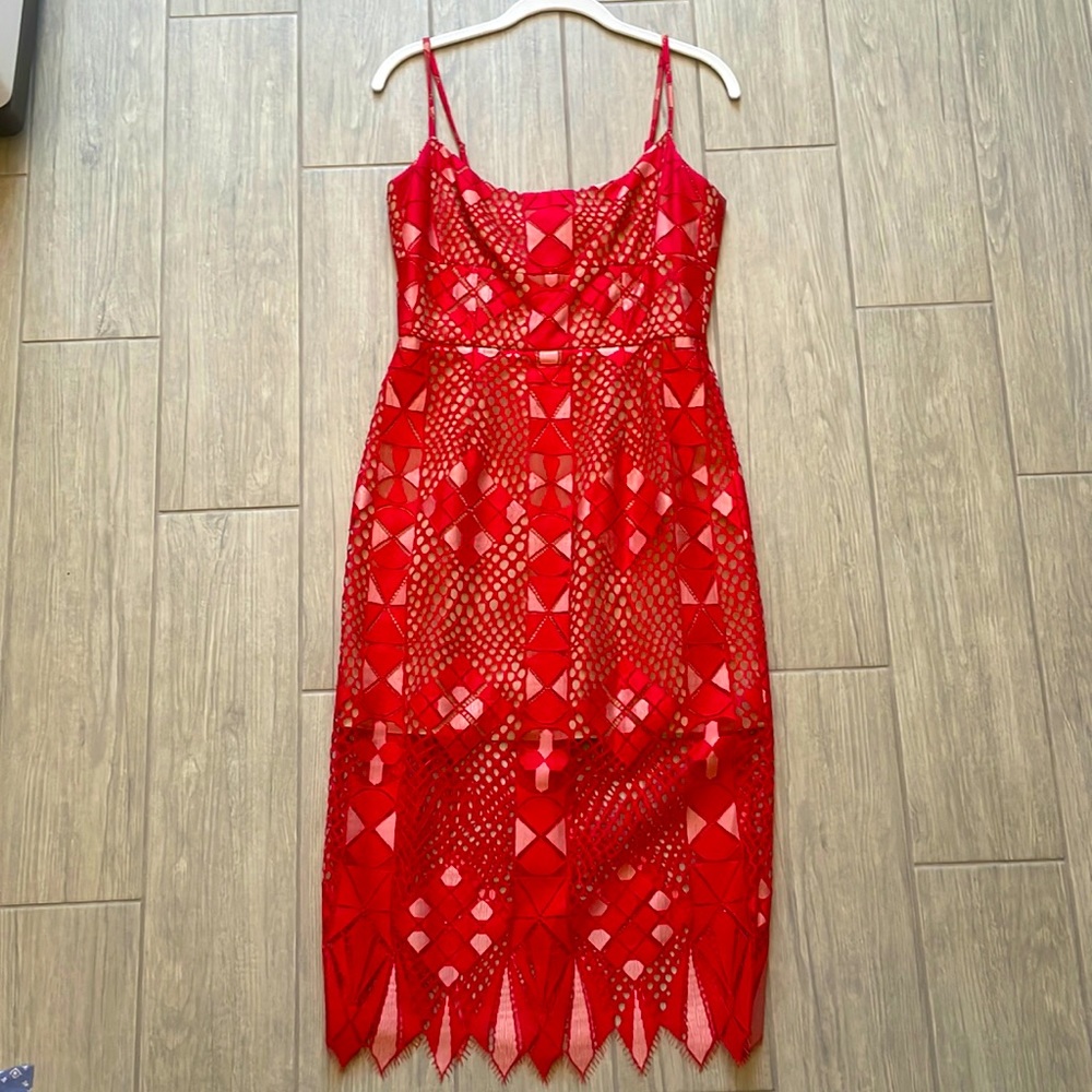 BCBG Max Azria Alese geometric lace dress, size 6